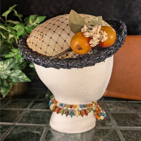 Saks Fifth Avenue Millinery Vintage MCM Beige & Black Straw Bumper Hat w/ Fruit - Picture 2 of 8